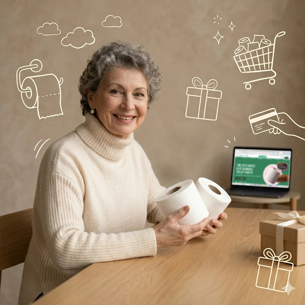 Woman holding toilet paper with icons and a laptop on a wooden table