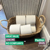 Customer review photo from Pauline: Serious Tissues toilet rolls in a wicker basket, 5-star rating – Great Value, Strong, No Complaints