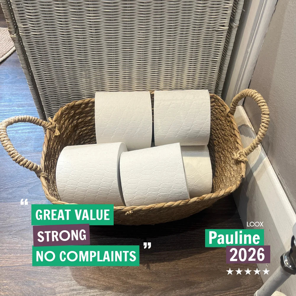 Customer review photo from Pauline: Serious Tissues toilet rolls in a wicker basket, 5-star rating – Great Value, Strong, No Complaints