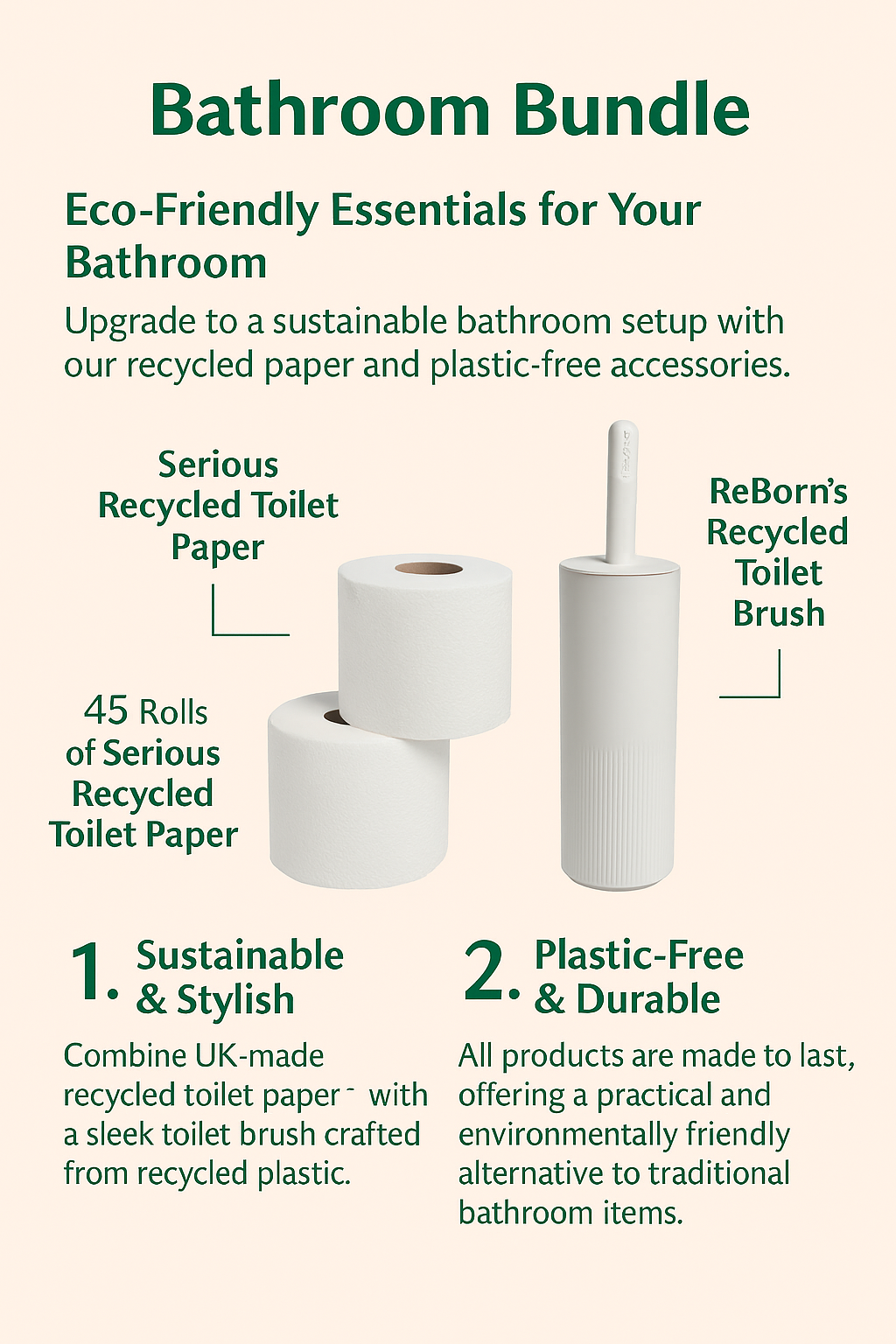 Infographic showcasing the Bathroom Sustainable Home Bundle, featuring 45 rolls of recycled toilet paper and a ReBorn recycled toilet brush. Highlights include plastic-free packaging, UK-made materials, and climate-positive impact, all styled with green eco-conscious design elements.