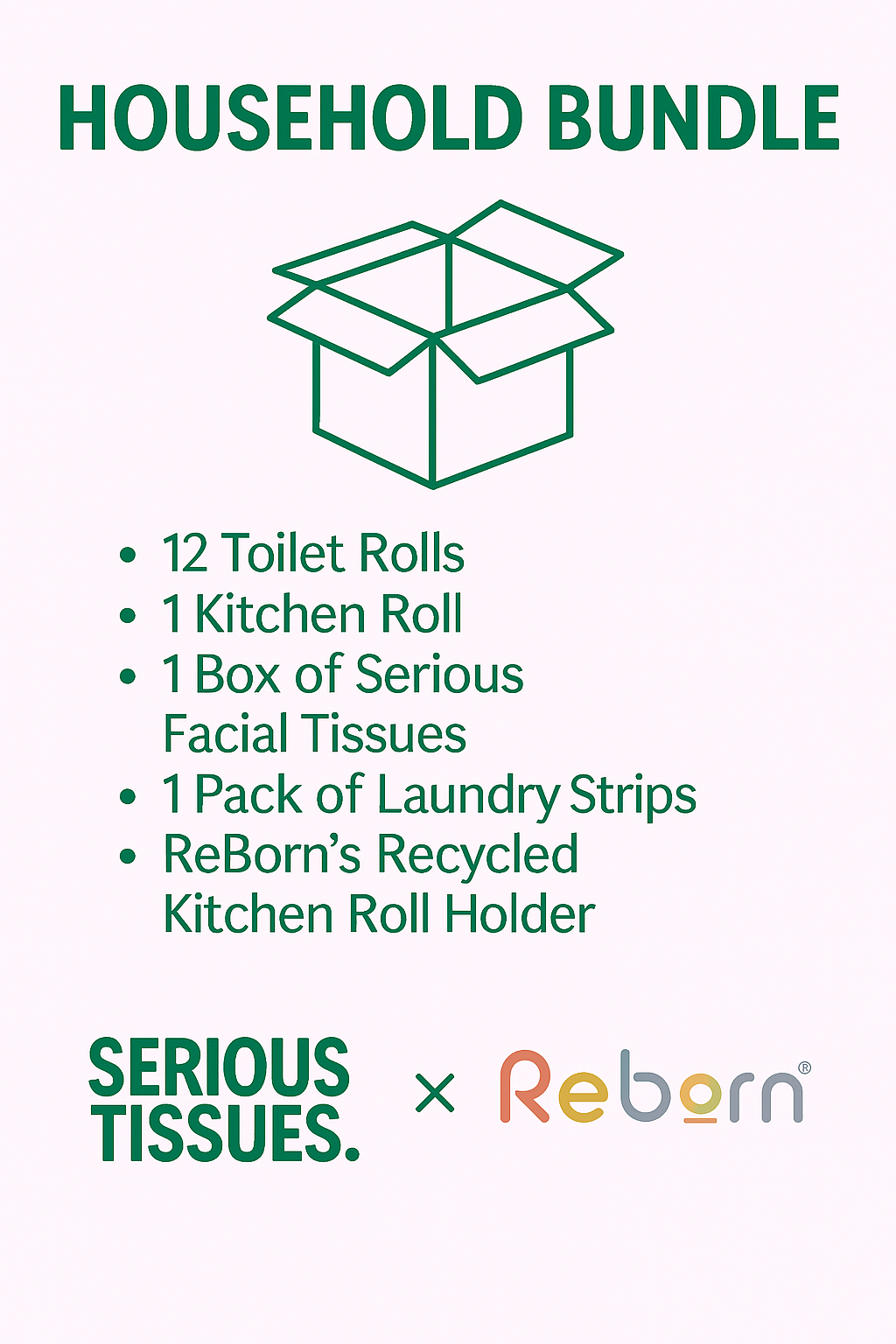 Infographic showcasing the Household Sustainable Home Bundle with recycled toilet paper, kitchen roll, facial tissues, and plastic-free laundry strips. Includes icons and text highlighting eco-friendly features like plastic-free packaging, climate-positive impact, and UK-made products. Designed in green tones to reflect sustainability.