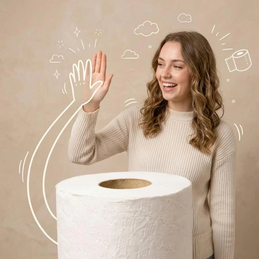 Woman holding a large roll of paper towels with illustrated hand and cloud graphics on a beige background