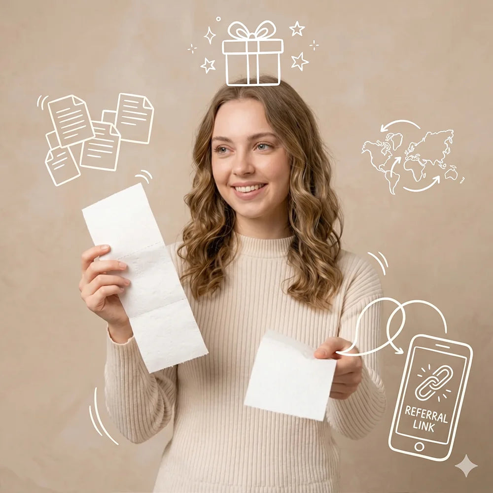 Woman holding a piece of paper with icons around her on a beige background