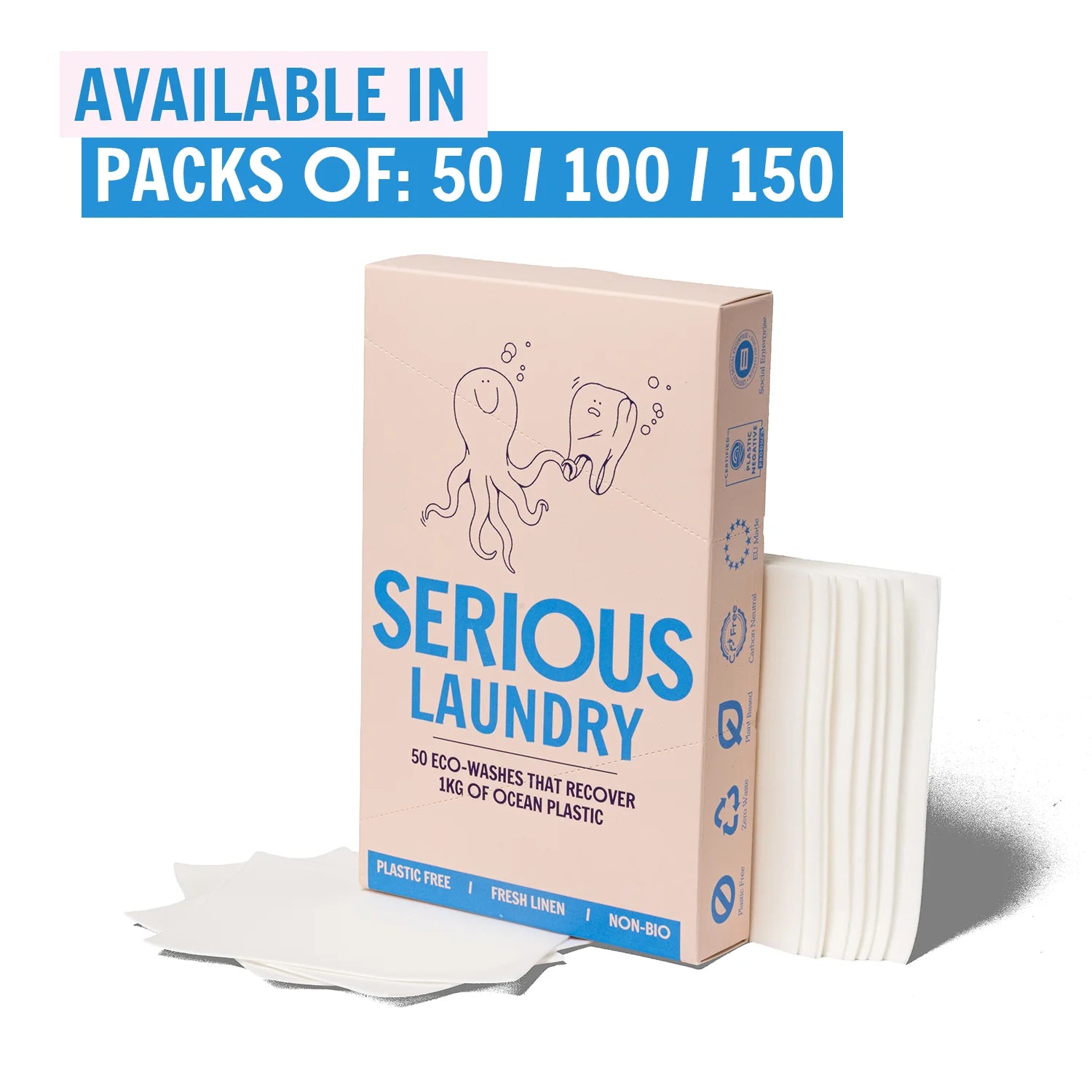 Laundry strips packaging with sheet with text detailing the product options available, packs of 50, 100, or 150 sheets.