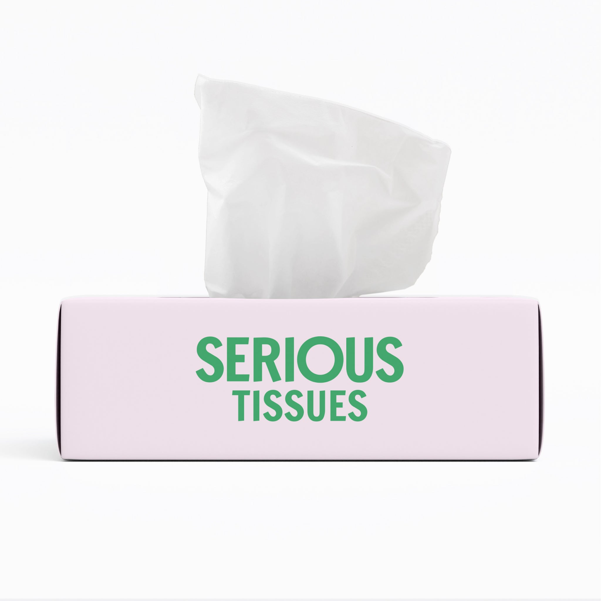 Box of Serious Tissues facial tissues on a plain background. Soft, 3-ply tissues made from 100% recycled paper in plastic-free, minimalist packaging.