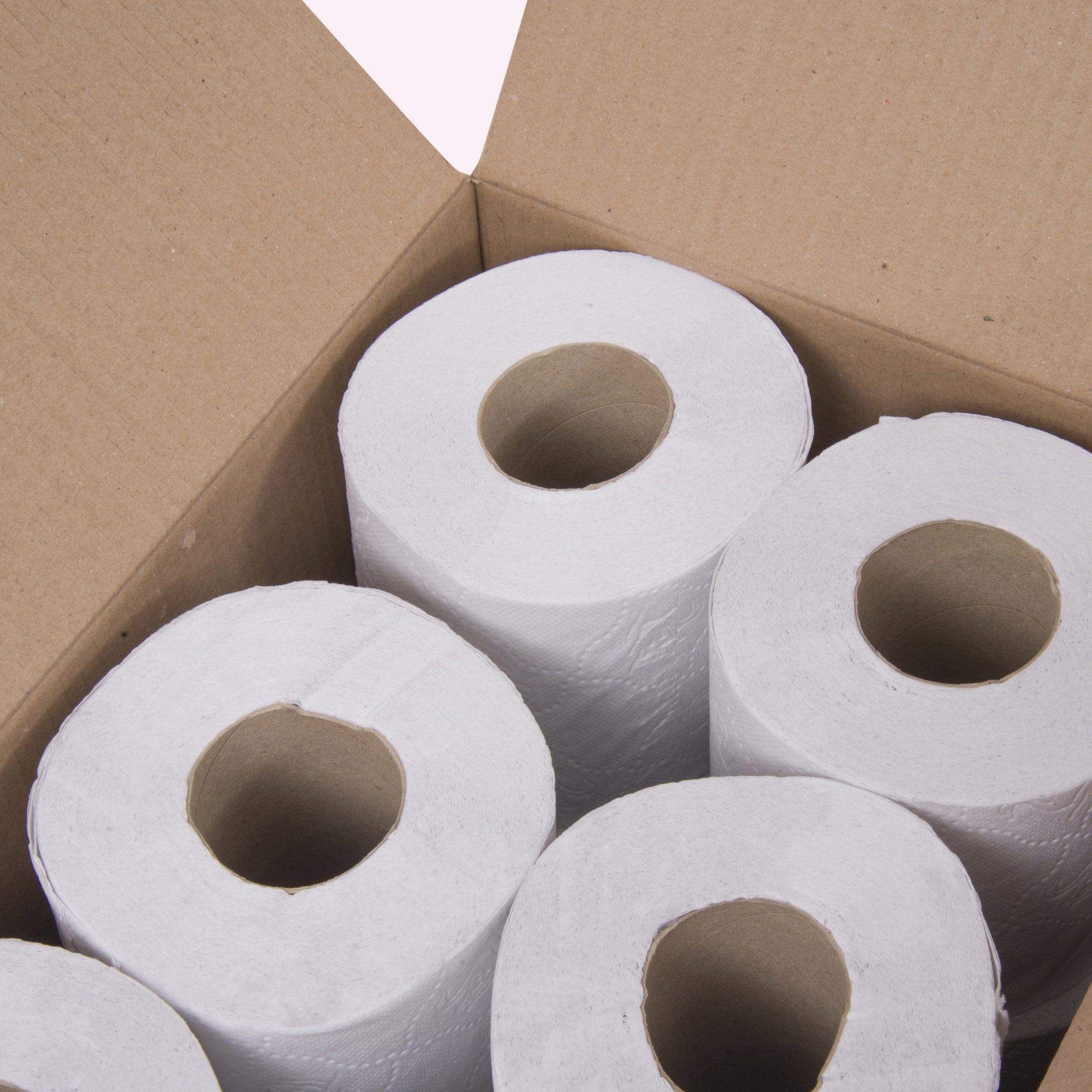 lose-up of Serious Tissues cardboard box with recycled toilet rolls partially visible inside. Eco-friendly packaging with green branding and plastic-free messaging.