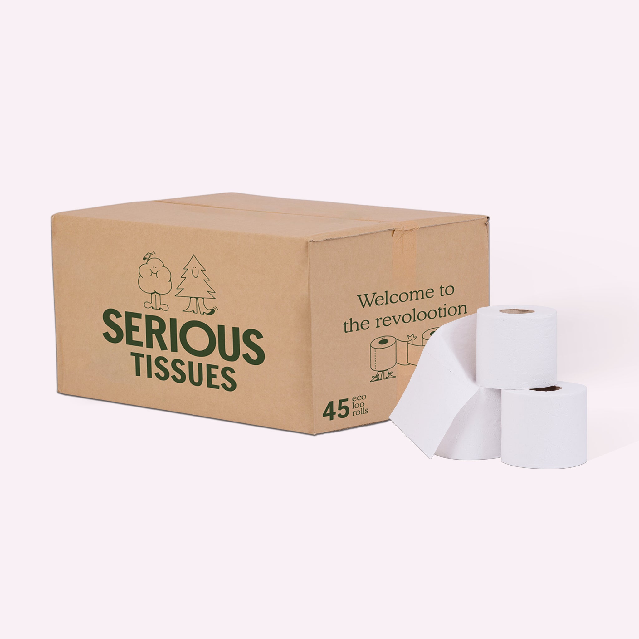 Serious Tissues cardboard box labeled ‘Welcome to the revolootion’ with three recycled toilet rolls displayed in front. Plastic-free, eco-friendly packaging on a tiled kitchen or utility room counter